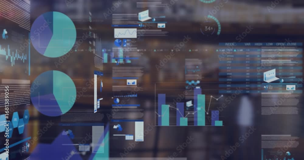 Poster animation of data processing over cityscape