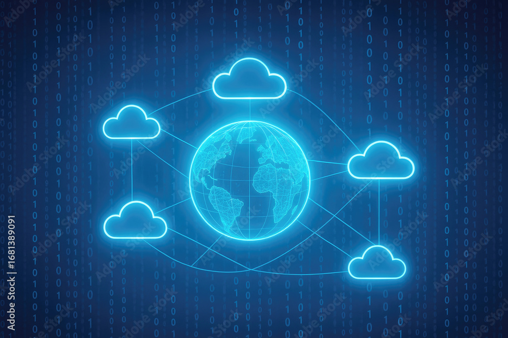 Poster earth and clouds connected in a digital network against binary code cloud computing technology