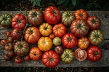 Aerial shot showcasing multiple types of tomatoes freshly picked