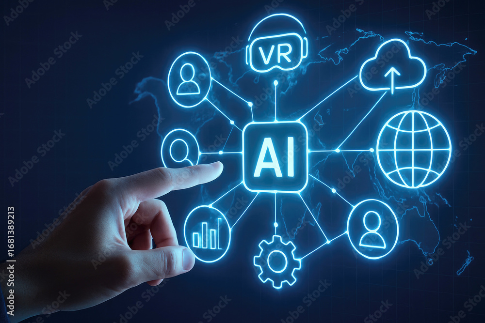 Aufkleber finger touching ai network diagram with icons for vr cloud and globe on dark background artificial i