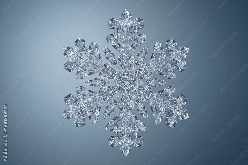 Poster close-up of a sparkling snow crystal with intricate details on a smooth gradient backdrop