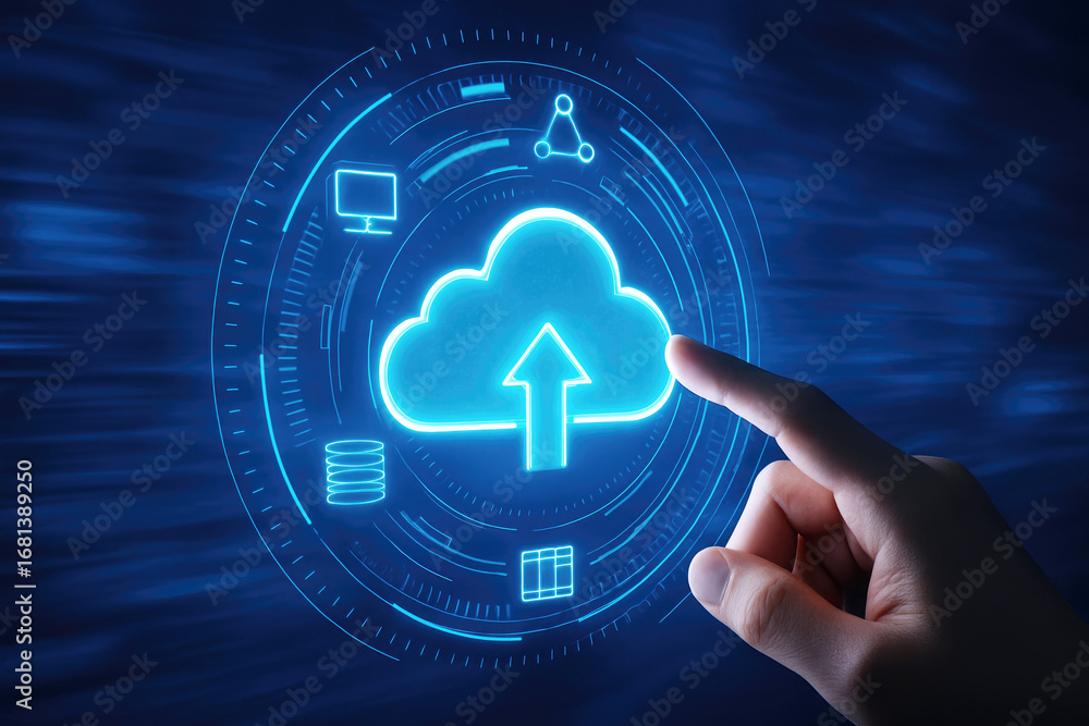 Poster finger touching glowing blue cloud upload icon with data symbols in digital interface cloud computin