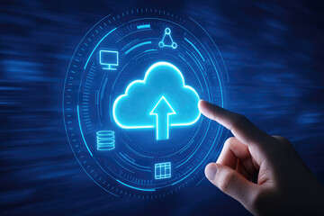 Finger touching glowing blue cloud upload icon with data symbols in digital interface cloud computing