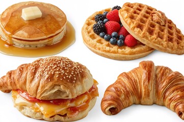 Assorted morning pastries including syruped pancakes, berry-topped waffles, a croissant sandwich, and apple dessert. Variety of breakfast baked goods on white backdrop. Detailed view of breakfast