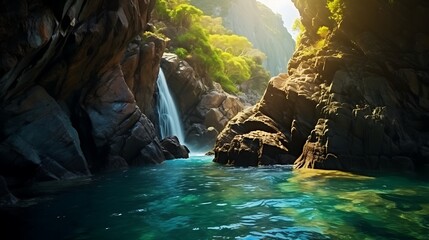 Naklejka premium A steep, narrow waterfall plunging down rugged cliffs into a turquoise pool, surrounded by dark mossy rocks, golden hour light casting warm highlights and soft shadows.