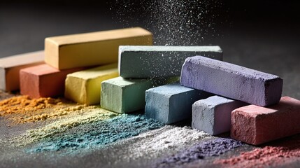 Vibrant pastel sticks arranged on a surface with powdery residue. A colorful array for art projects, creating soft, textured drawings and artistic effects.