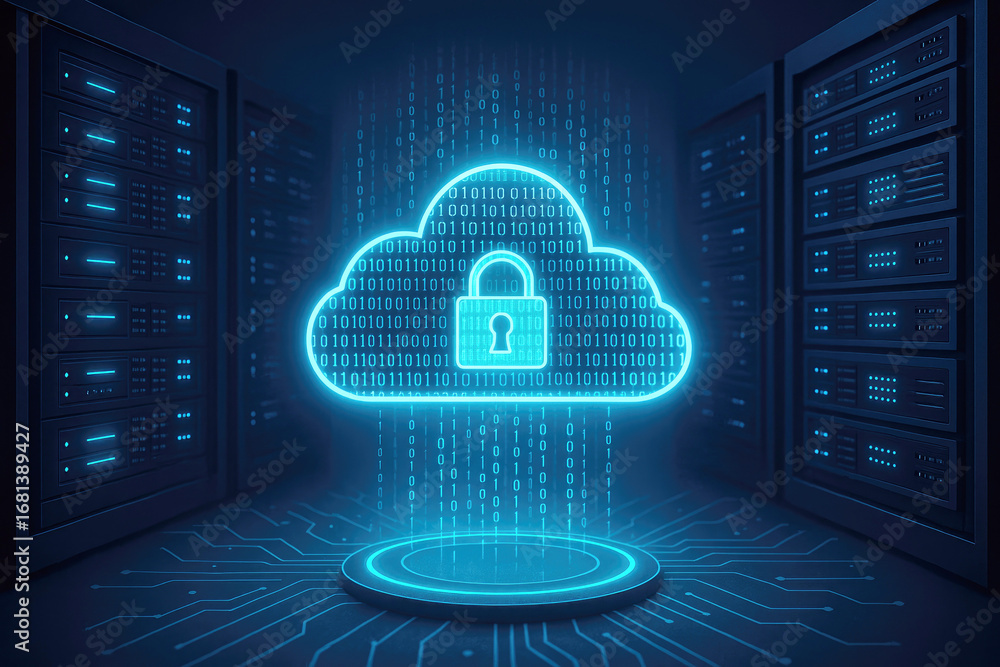 Poster futuristic cloud computing security with servers and digital padlock on pedestal data center technol