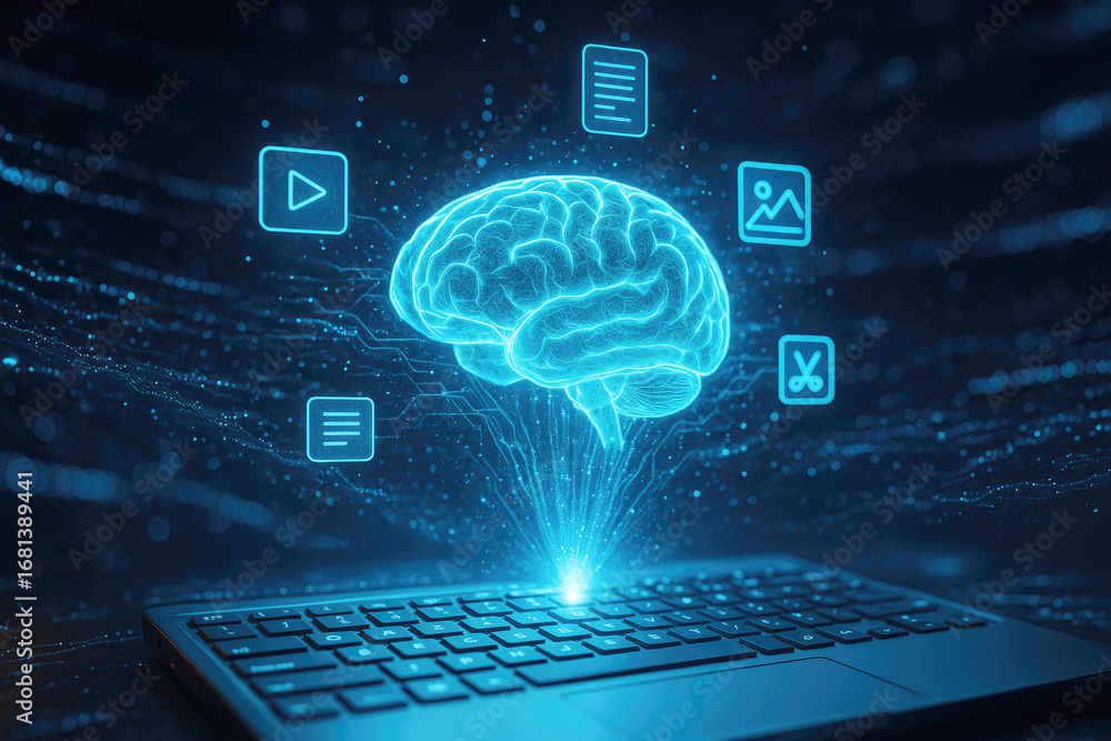 Poster futuristic digital brain hologram emerging from laptop keyboard with data icons artificial intellige