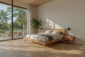 Fototapeta premium Calm modern bedroom with natural decor, expansive windows, and a comfortable wooden bed frame, ideal for peace and rest