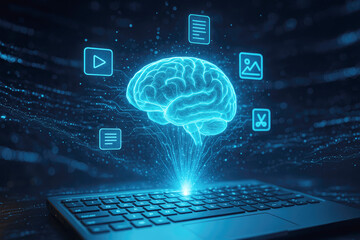 Futuristic Digital Brain Hologram Emerging from Laptop Keyboard with Data Icons artificial intelligence
