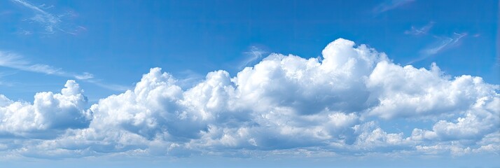 Wide shot of a bright blue sky dotted with fluffy, white cumulus clouds