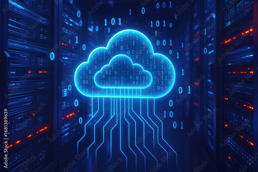 Poster futuristic neon cloud computing data center with binary code server room technology