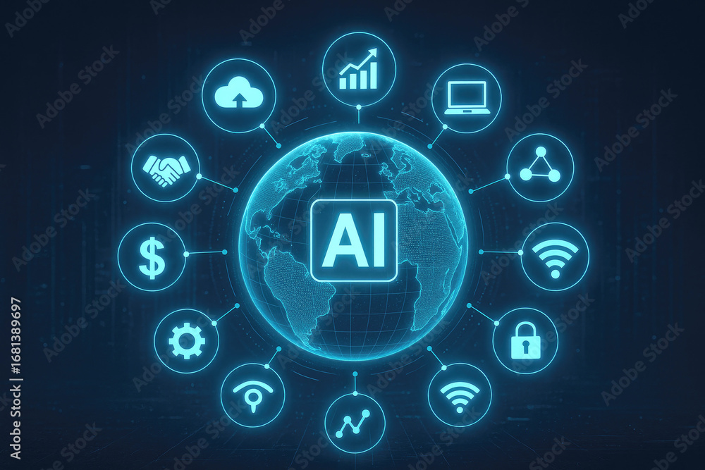 Poster global ai network with digital icons representing business and technology artificial intelligence wo