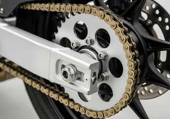 Closeup of a motorcycle rear chain and sprocket