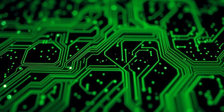 Abstract dark green circuit board texture, glowing nodes , energy, lines