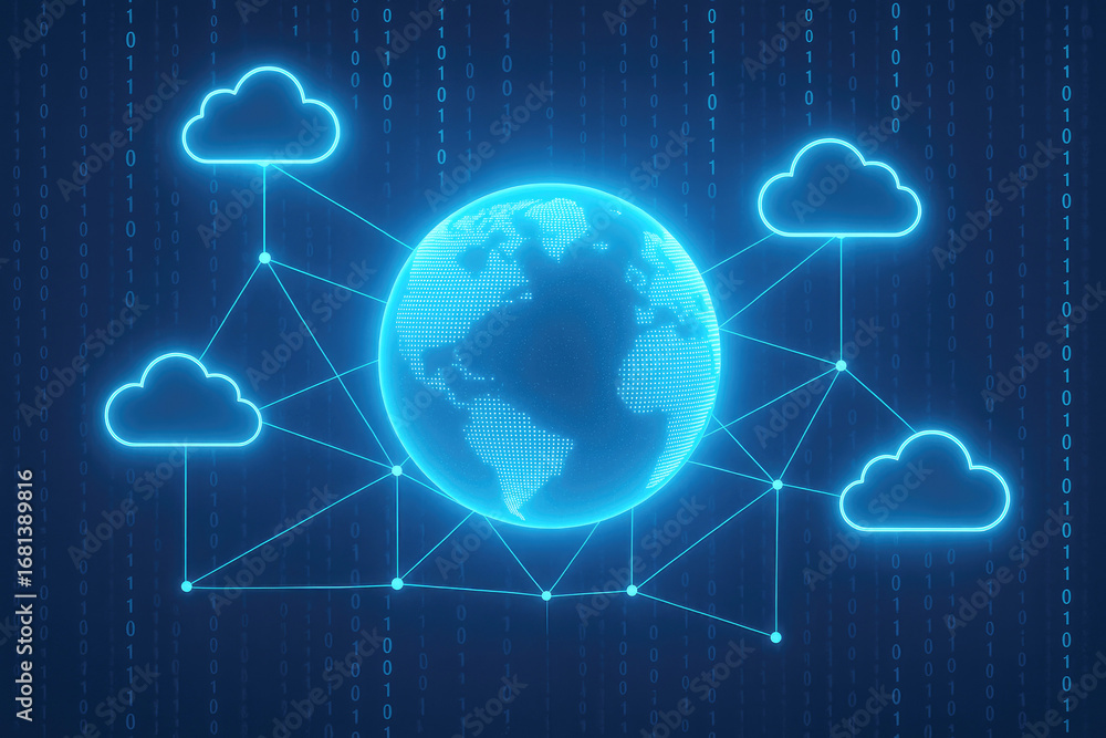Poster global network of clouds connected to a glowing earth on binary code background cloud computing tech