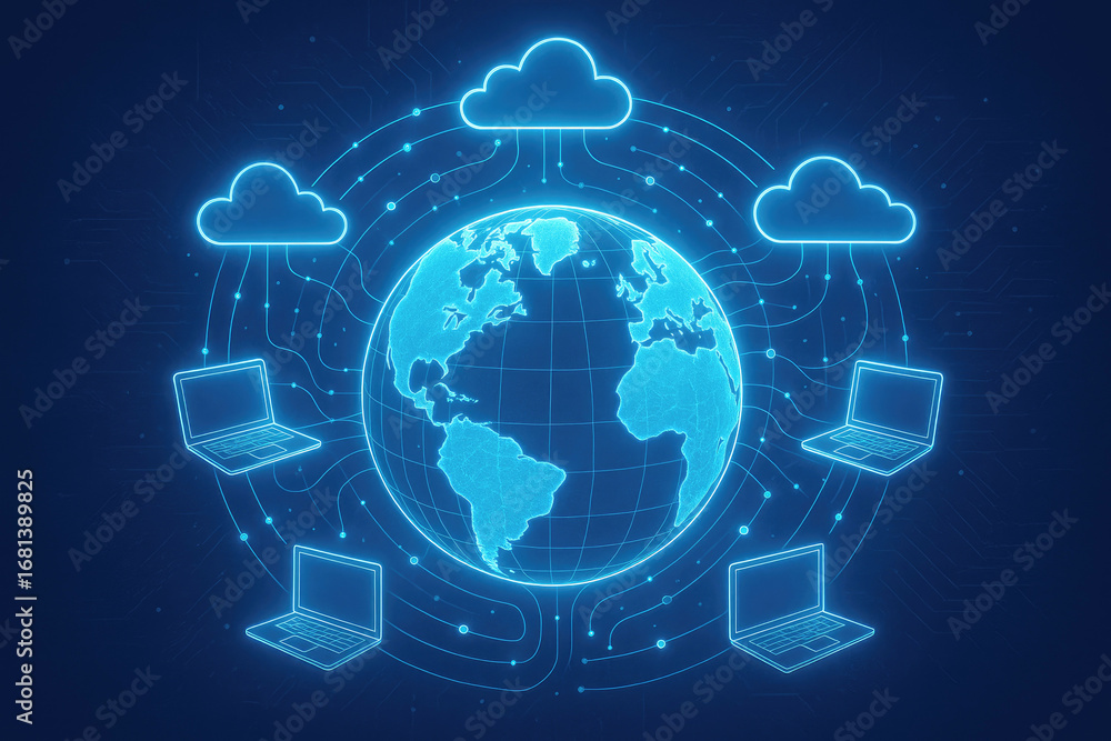 Poster global network of clouds and laptops connected by digital lines on dark blue background technology c