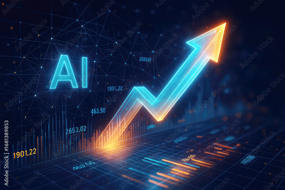 Poster glowing ai text and upward arrow graph on digital network background keywords: ai, artificial intell