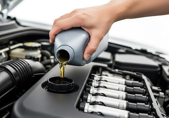 Pouring oil into a car engine during maintenance