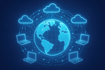 Global network of clouds and laptops connected by digital lines on dark blue background technology cloud computing
