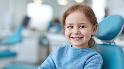 Young girl smiles at the dentist. Dental health care concept. Pediatric dentistry and oral hygiene. Cheerful patient for regular checkup visit.