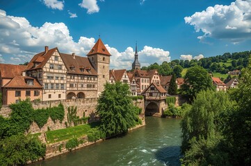 Sight of an old wooden footbridge and the ancient gateway in a historic medieval town