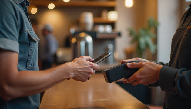 customer is making payment with smartphone at cafe
