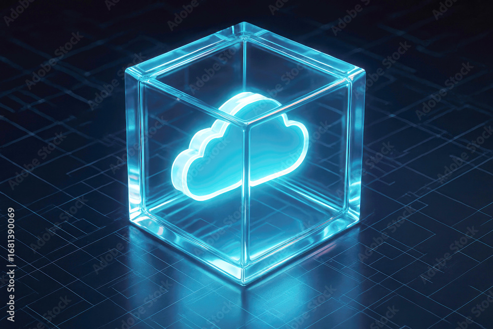 Poster glowing blue cloud icon inside a transparent glass cube on a digital grid cloud computing technology