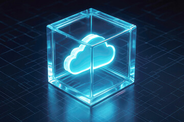 Glowing Blue Cloud Icon Inside a Transparent Glass Cube on a Digital Grid cloud computing technology