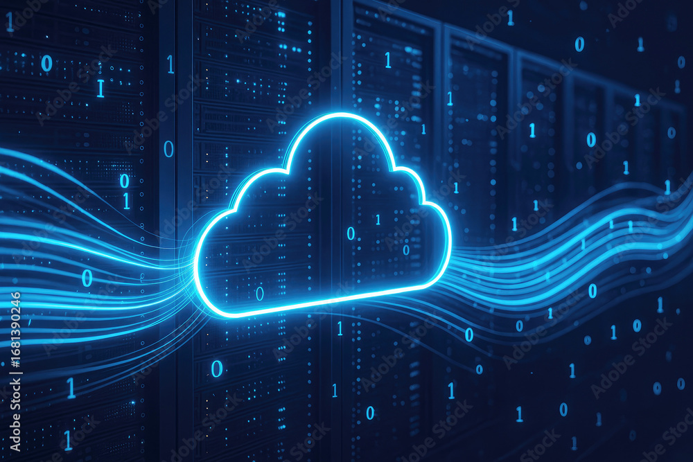 Poster glowing blue cloud icon with light streaks in a server room with binary code cloud computing data