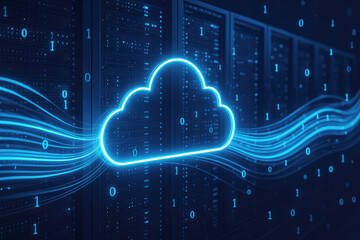 Glowing blue cloud icon with light streaks in a server room with binary code cloud computing data