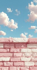 Pastel pink and white brick wall against a light blue sky with fluffy clouds (2)