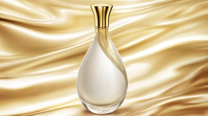 An elegant, pearlescent white perfume bottle with a gold cap rests on a shimmering gold silk backdrop.  Its curvaceous design suggests luxury and sophistication