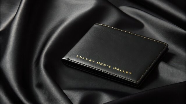 Elegant black leather bifold wallet with subtle gold embossing on luxurious black satin fabric