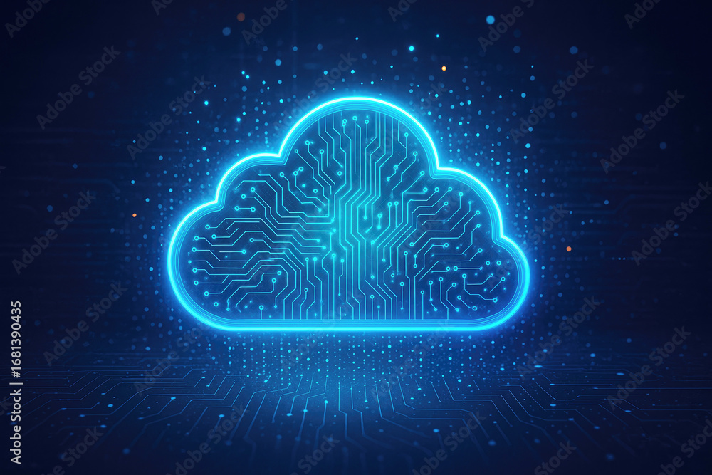 Poster glowing blue digital cloud with circuit board pattern and data particles technology network