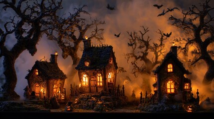 Fototapeta premium Haunted Village with Glowing Windows and Spooky Atmosphere