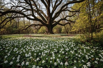 Obraz premium Springtime white flowers blooming beneath a large oak in the forest