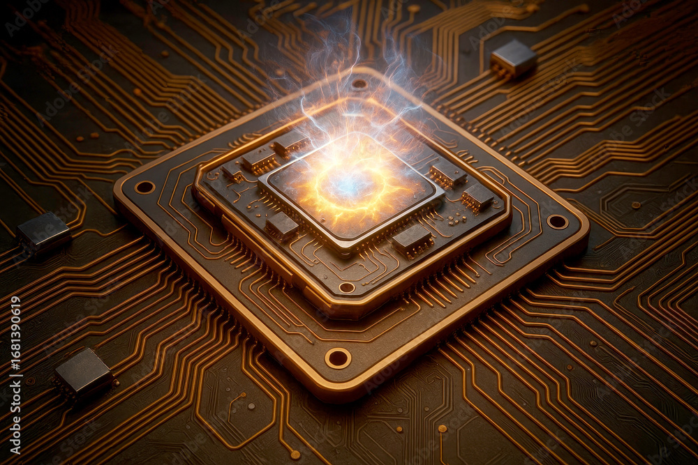 Aufkleber glowing microchip processor with electrical energy burst on circuit board image photo
