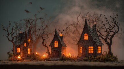 Haunted Village with Glowing Windows and Spooky Atmosphere