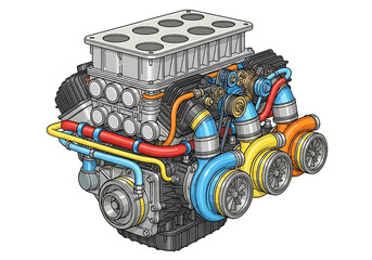 Detailed v8 engine with turbochargers isolated on white background