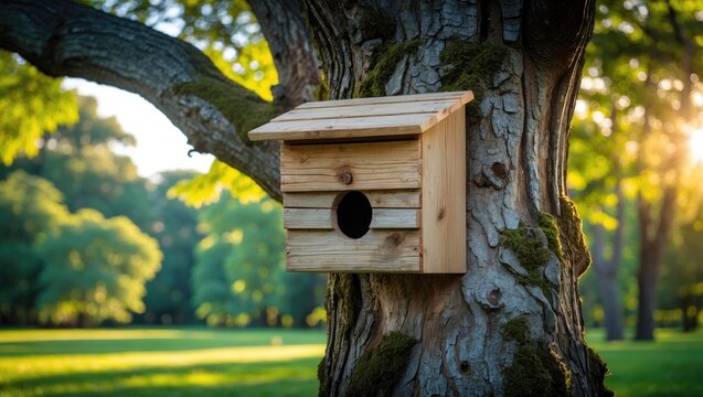 Crafted Wooden Bat House Mounted on an Old Tree in a Forest Setting
