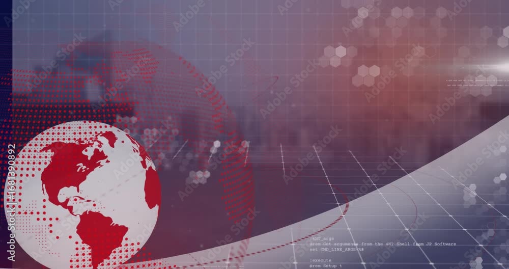Poster multiple exposure of digitally generated earth with grid patterns rotating over hexagonal shapes