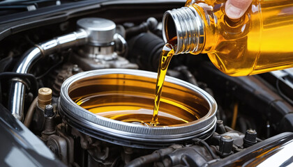 Engine oil is being poured into car engine, showcasing maintenance and care