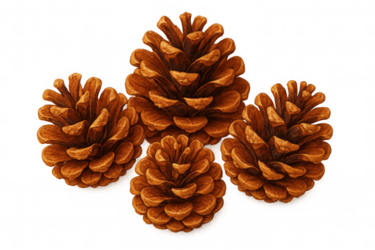 Four beautiful pine cones isolated on transparent background, perfect for christmas or nature-themed designs