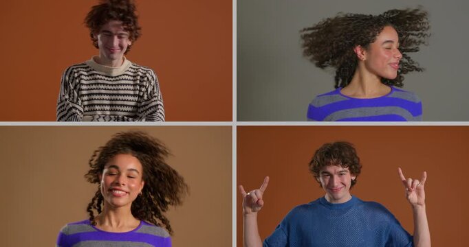 Composite video clip comprising four frames of two people making different gestures and expressions in the studio. They are both wearing casual clothing, smiling and full of energy.