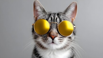 A close-up portrait of a playful tabby cat wearing a pair of bright yellow round sunglasses, creating a cheeky and humorous expression.