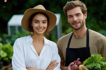 Young caucasian male and female farmers smiling in vegetable garden