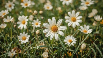Floral arrangement with white, brown, and yellow petals on a natural grassy background, representing garden beauty in warmer seasons