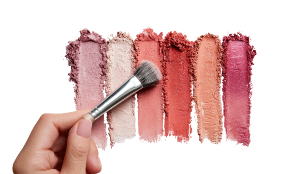 Hand holds makeup brush over a spectrum of blush and eyeshadow