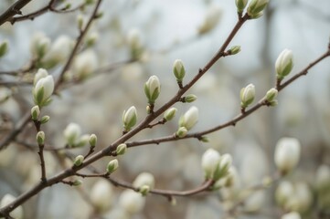 Close-up of tree branches with emerging leaves and pale green buds, symbolizing new growth